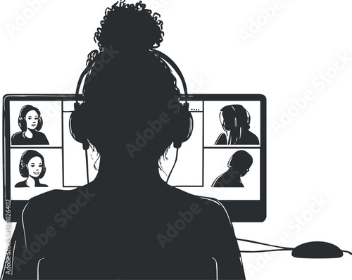 Silhouette of a person in headphones participating in an online video conference call.