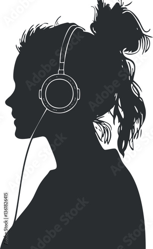 Silhouette of a woman with headphones, ideal for music-themed designs and projects.