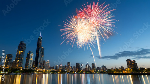 Fireworks exploding over chicago cityscape at twilight illuminating the lagoon