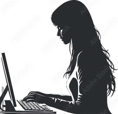 Silhouette of a woman typing at a computer for office or digital work themes.
