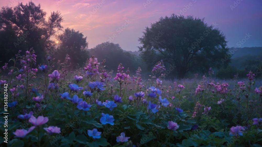 Obraz premium A serene landscape featuring colorful flowers under a twilight sky, evoking tranquility and natural beauty.