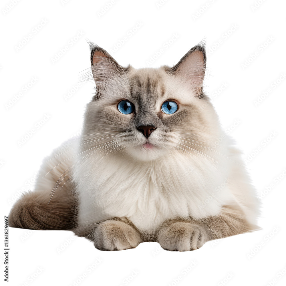 Fototapeta premium A fluffy cat with striking blue eyes lying elegantly on a soft surface.
