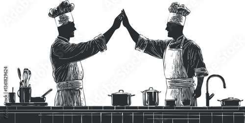 Silhouette of two chefs giving a high-five in a kitchen, symbolizing teamwork.
