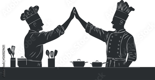 Silhouette of two chefs high-fiving in a kitchen, symbolizing teamwork and success.