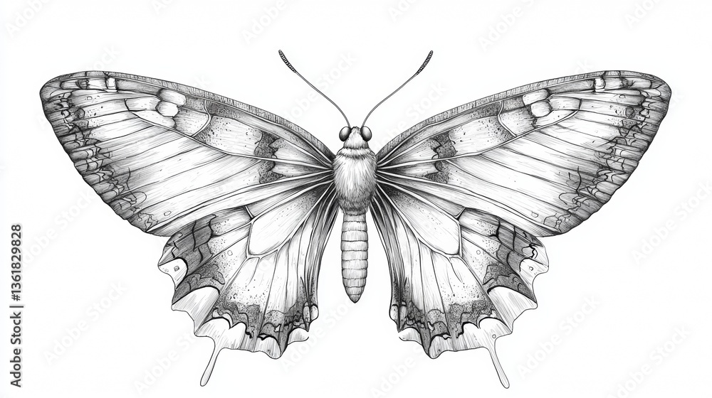 Detailed black and white sketch of a butterfly showcasing intricate wing patterns and structures Detailed black and white sketch of a butterfly showcasing intricate wing patterns and structures