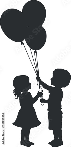 Silhouette of children holding balloons, ideal for playful and joyful designs.