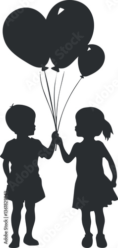 Silhouette of a boy and girl holding balloons, symbolizing friendship and joy.