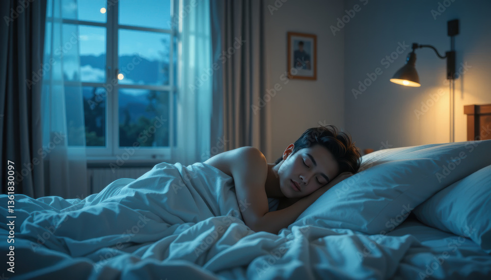 peaceful young person sleeping in cozy bedroom, surrounded by soft bedding and warm light, creating serene atmosphere