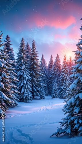 Wallpaper Mural A snowy evergreen forest scene at twilight, with falling snow and a soft glow, forest, nature Torontodigital.ca