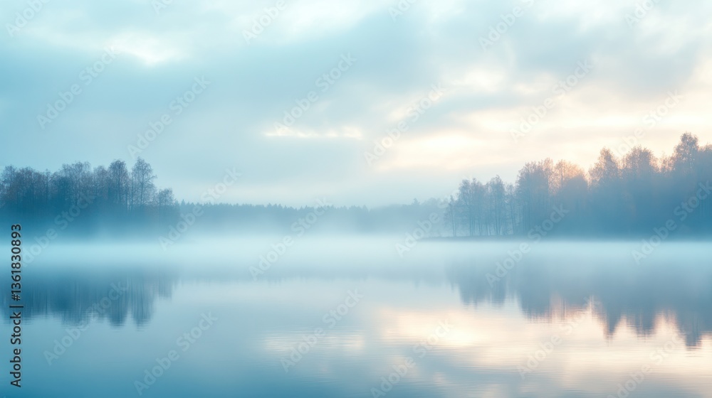 Fototapeta premium Misty Sunrise Over Calm Lake