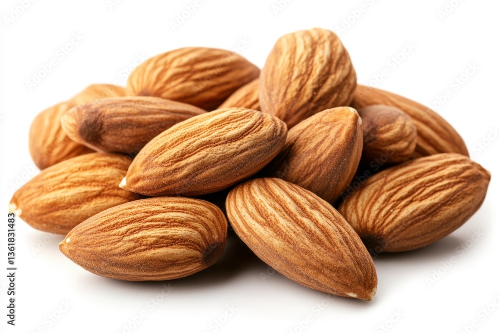 Freshly harvested almonds on white background showcasing their natural texture and color Freshly harvested almonds on white background showcasing their natural texture and color