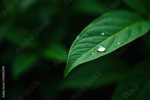 Green leaf with raindrop in jungle, water drop on leaves, minimal pattern, green leaf texture, tropical forest, dark background, greenery wallpaper, botanical garden,  leaves, green leaf