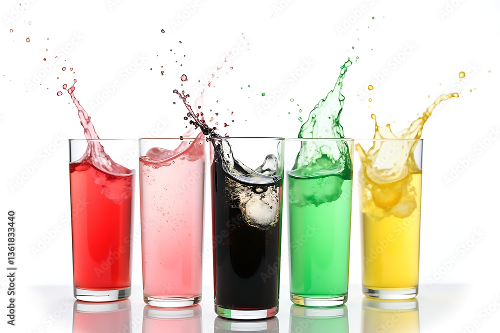 Colorful Refreshing Drinks Splashing in Glasses with White Background fresh juice splash Colorful Refreshing Drinks Splashing in Glasses with White Background fresh juice splash