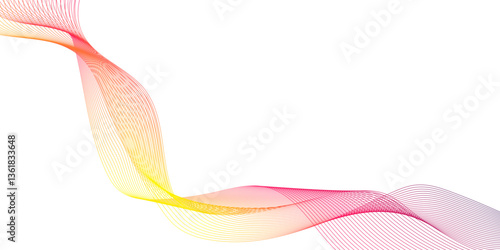 A abstract yellow  pink smoke on wave line white background, flowing ribbon of orange fabric softly sways against a white background,  luxury abstract shiny golden wave on transparent background. 