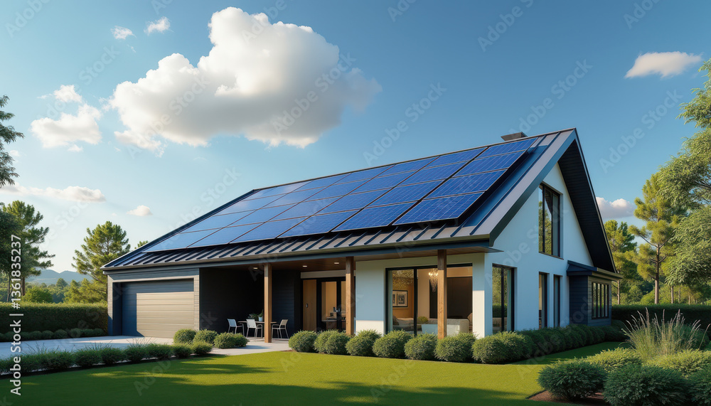 Modern house with solar panels on roof under blue sky Modern house with solar panels on roof under blue sky
