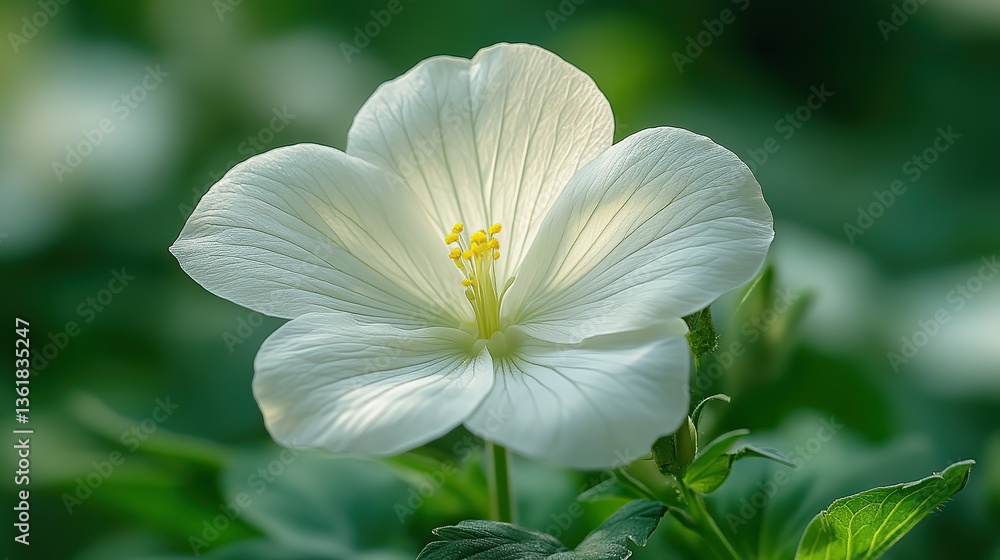 Fototapeta premium a close up of a delicate white flower with a yellow center surrounded by a soft blurred green background creating a serene,tranquil mood the image highlights nature s simplicity,beauty