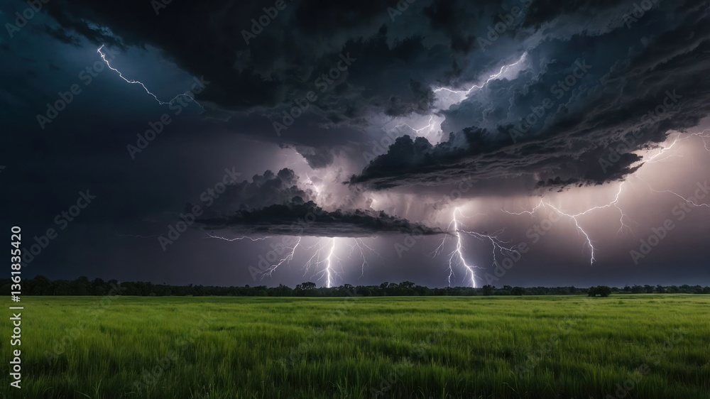 A dramatic thunderstorm with lightning illuminating dark clouds over a green field. A dramatic thunderstorm with lightning illuminating dark clouds over a green field.