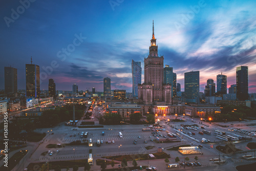 Warsaw Palace of Culture at sunset.