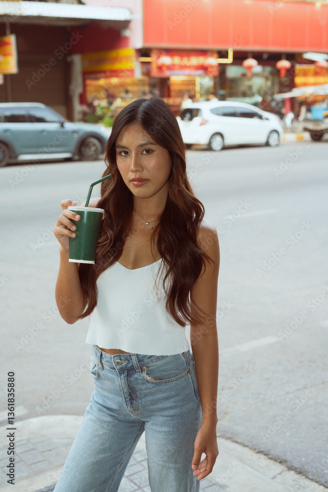 Fototapeta premium young woman in the street holding drink