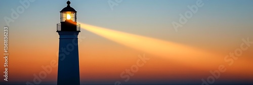 Lighthouse shines beam on coast at sunset. Maritime safety and guidance