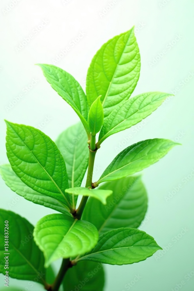 Fototapeta premium Green leaves with intricate veins popping against a crisp white backdrop, vibrant, design