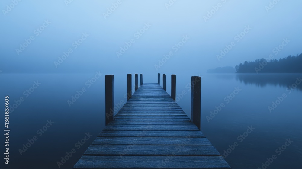 Fototapeta premium A misty pier stretches into a vast expanse of water, engulfed by a serene blue haze, evoking a sense of calm and infinity.