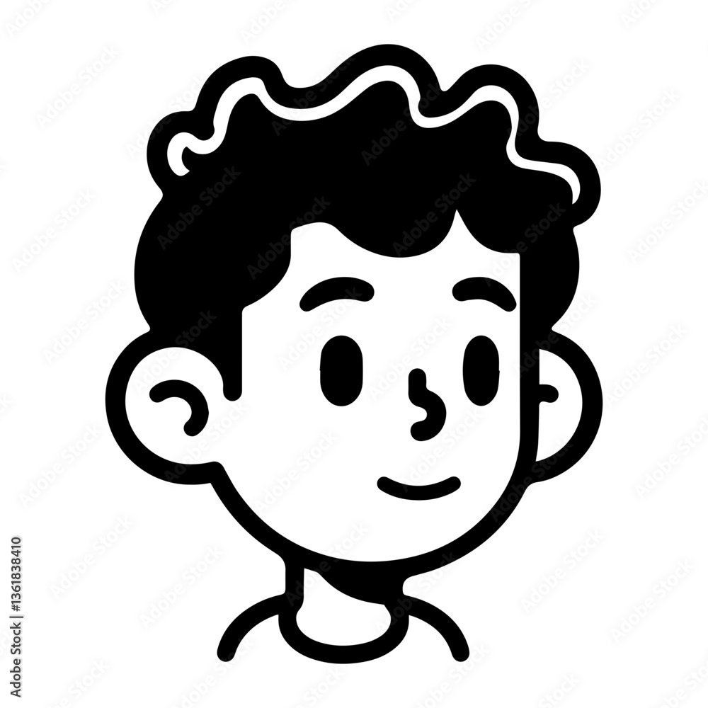 Cartoon illustration of a boy's face with curly hair and a cheerful expression Cartoon illustration of a boy's face with curly hair and a cheerful expression