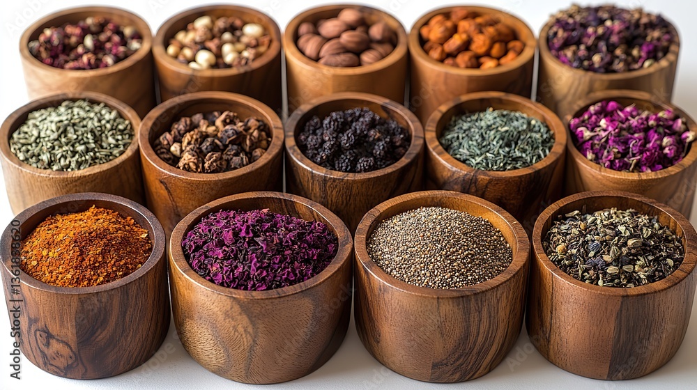Fototapeta premium a collection of twelve wooden bowls filled with various dried fruits nuts seeds herbs,botanicals including poppy seeds dried apricots rosebuds pine nuts hazelnuts,mulberries
