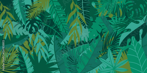 Lush tropical foliage vector illustration, dense composition of exotic leaves in green and blue tones, immersive and natural effect, ideal for graphic design, plant decoration, background.