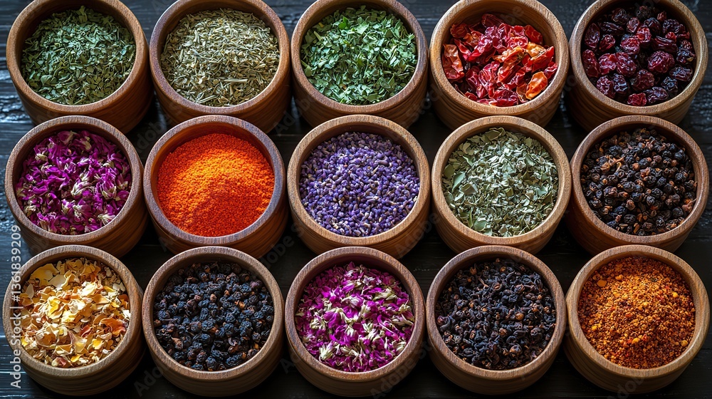 a collection of twelve wooden bowls filled with various dried herbs fruits spices,powders including dried flowers chili flakes cranberries prunes sumac,natural sweeteners for culinary a collection of twelve wooden bowls filled with various dried herbs fruits spices,powders including dried flowers chili flakes cranberries prunes sumac,natural sweeteners for culinary