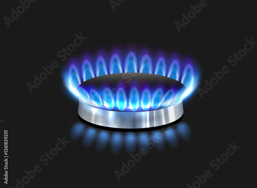 Realistic vector illustration of gas flame, gas burner side view