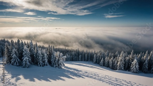 Wallpaper Mural A serene winter landscape with snow-covered trees and a misty horizon, evoking tranquility and nature's beauty. Torontodigital.ca