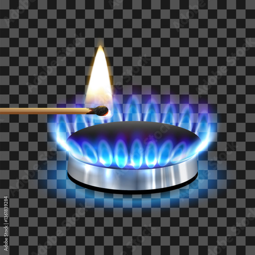 Vector realistic gas flame, gas burner with match stick burning