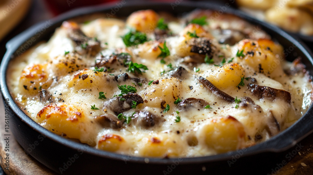 Close up of gnocchi with mushrooms and creamy sauce in a black cast iron skillet ready to be served Close up of gnocchi with mushrooms and creamy sauce in a black cast iron skillet ready to be served