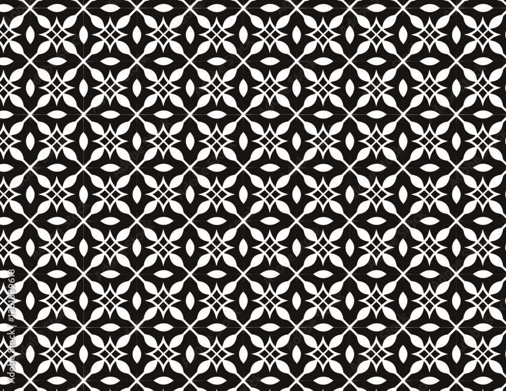Abstract Black and White Tile Pattern with Star and Eye Motifs in a Symmetrical Layout Abstract Black and White Tile Pattern with Star and Eye Motifs in a Symmetrical Layout