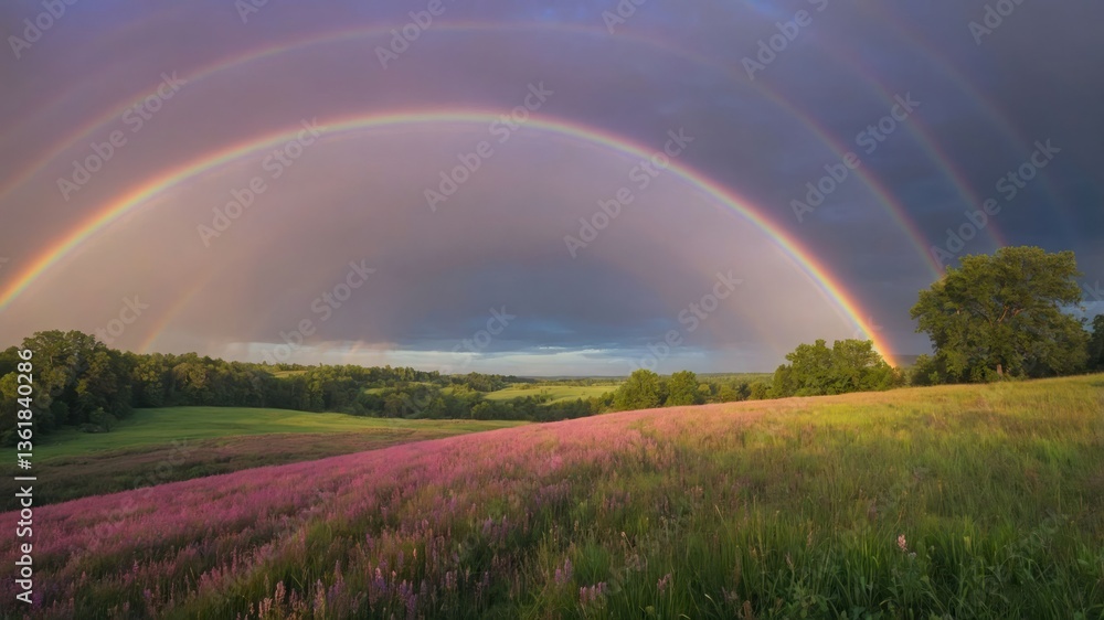 Naklejka premium A vibrant landscape featuring multiple rainbows over a colorful field of flowers and lush greenery.