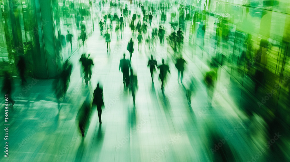 Fototapeta premium Blurry green tinted image of many people walking in a public space with motion blur effect applied