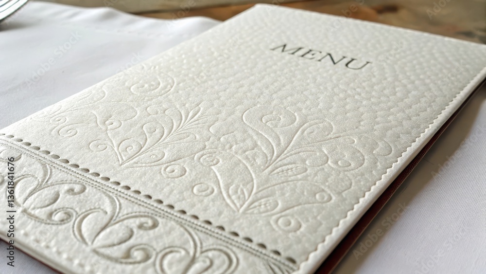 Fototapeta premium Elegant restaurant menu with intricate design on a textured cover.