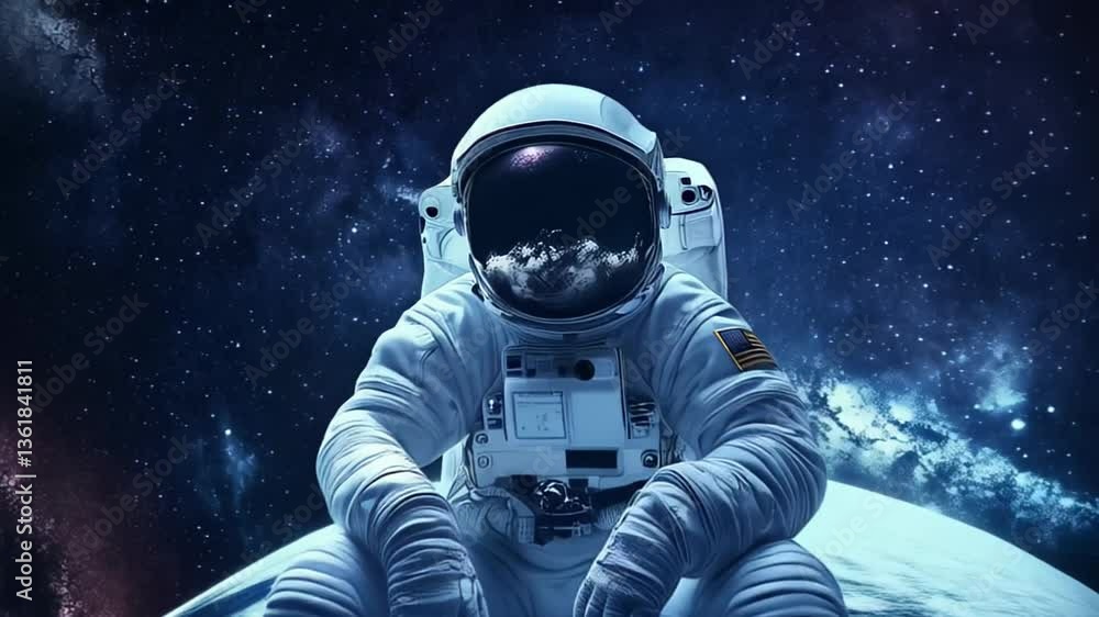 An astronaut sits on Earth, gazing at the expansive universe filled with stars, planets, and cosmic beauty. This captivating moment highlights the wonder of space exploration An astronaut sits on Earth, gazing at the expansive universe filled with stars, planets, and cosmic beauty. This captivating moment highlights the wonder of space exploration