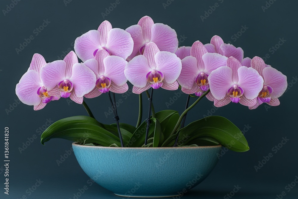 Obraz premium Orchids in a blue bowl create a vibrant display with intricate petals and lush green leaves in a tranquil indoor setting