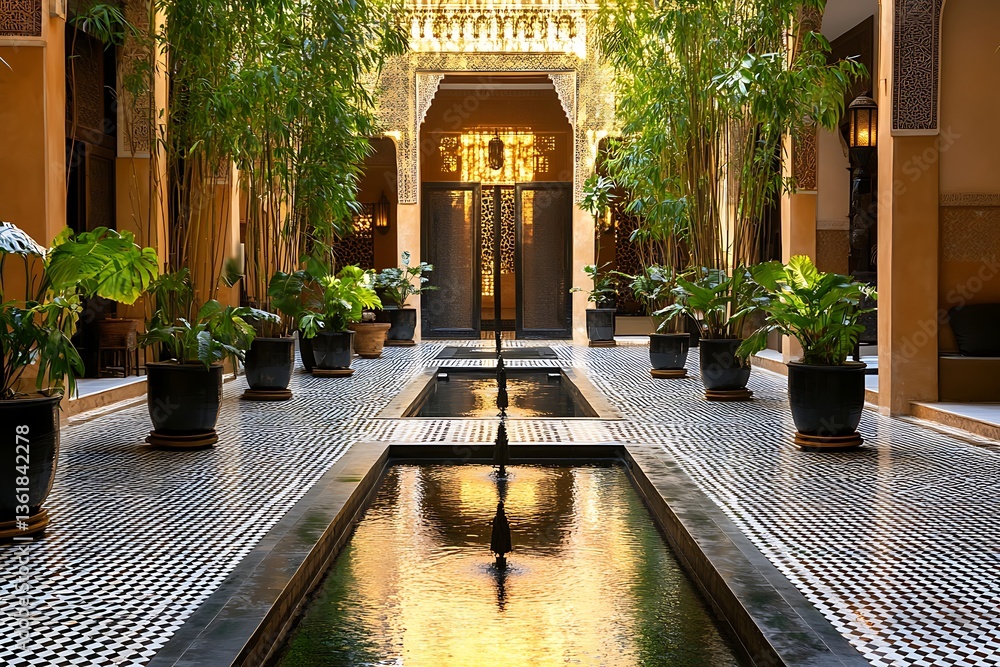Fototapeta premium Courtyard with water feature, plants, and architectural details bathed in warm light