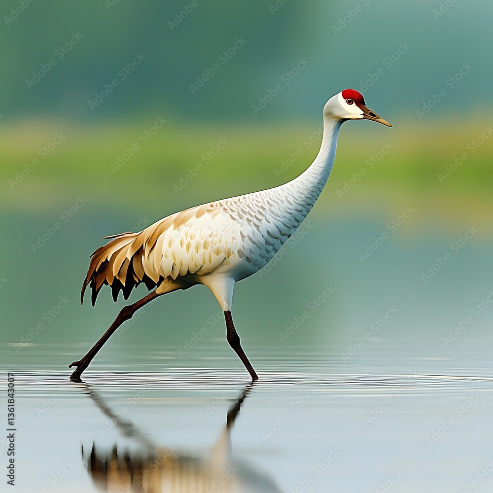 Fototapeta premium Sandhill Crane wading with wetland.