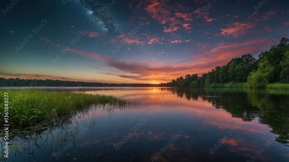 Fototapeta premium A serene sunset over a calm lake, reflecting vibrant colors and surrounded by lush greenery.