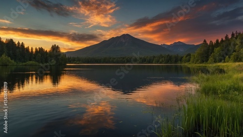 Wallpaper Mural A serene sunset over a tranquil lake surrounded by mountains and lush greenery. Torontodigital.ca