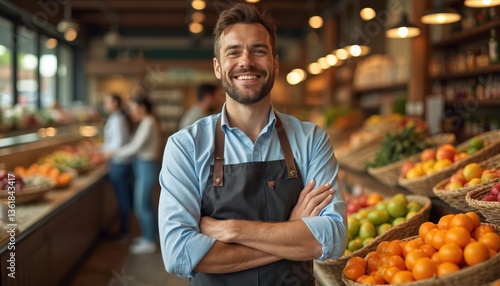 Happy shopkeeper stands in grocery store with crossed arms. Smiling employee wearing apron at fruit market. Portrait young man in supermarket. Owner ready help customers. Fresh healthy food, eco