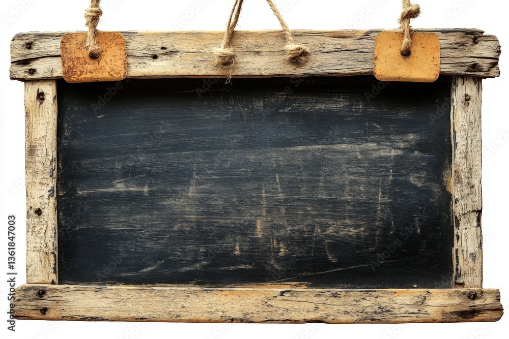 Rustic chalkboard hanging on twine against a white background, ideal for messages or creative displays Rustic chalkboard hanging on twine against a white background, ideal for messages or creative displays
