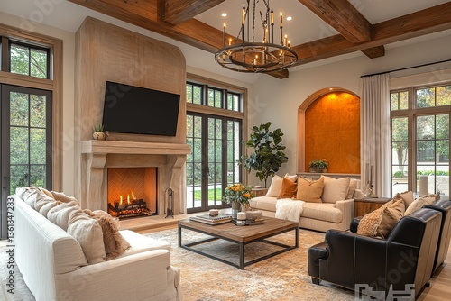 Wallpaper Mural 
Head-on view of large living room with fireplace, vaulted ceiling, dark wood beams, oversized mirror, vintage leather armchair, fiddle fig plant, and modern chandelier. Torontodigital.ca