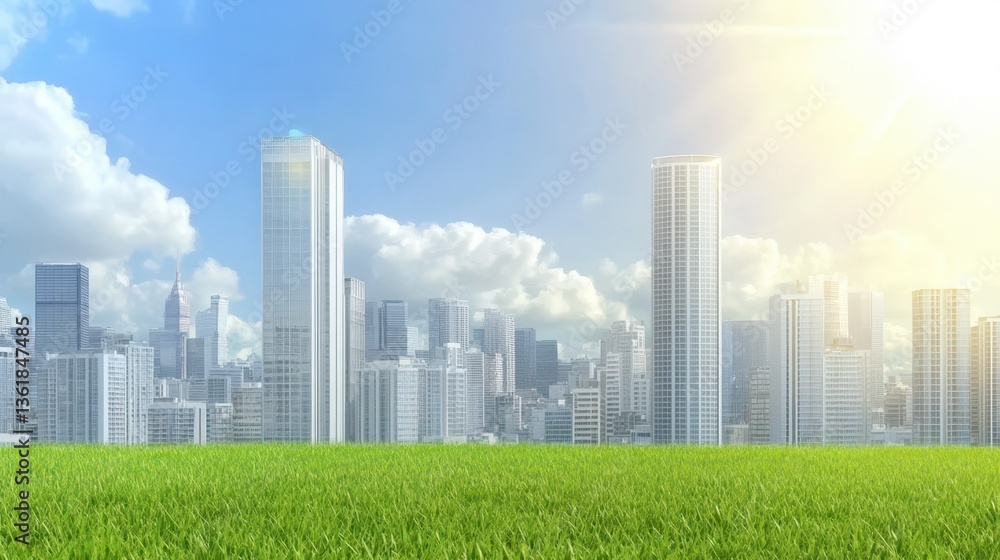 Fototapeta premium Urban Oasis: A cityscape rises majestically from a vibrant green field under a bright blue sky, symbolizing growth and harmony between nature and urban development.