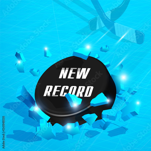 Ice hockey sport tournament new record banner. Black rubber puck for ice hockey crashed into ice at high speed and breaks into shards, cracks after perfect hit. Career goals record update. Vector