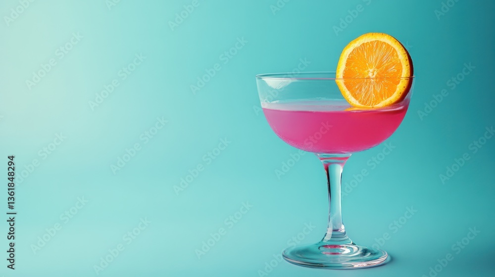 Pink cocktail, citrus garnish, turquoise background Pink cocktail, citrus garnish, turquoise background